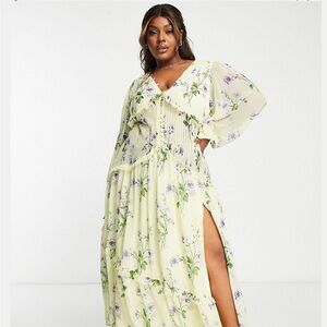 NWOT ASOS design curve button through pin tuck maxi dress in yellow floral print